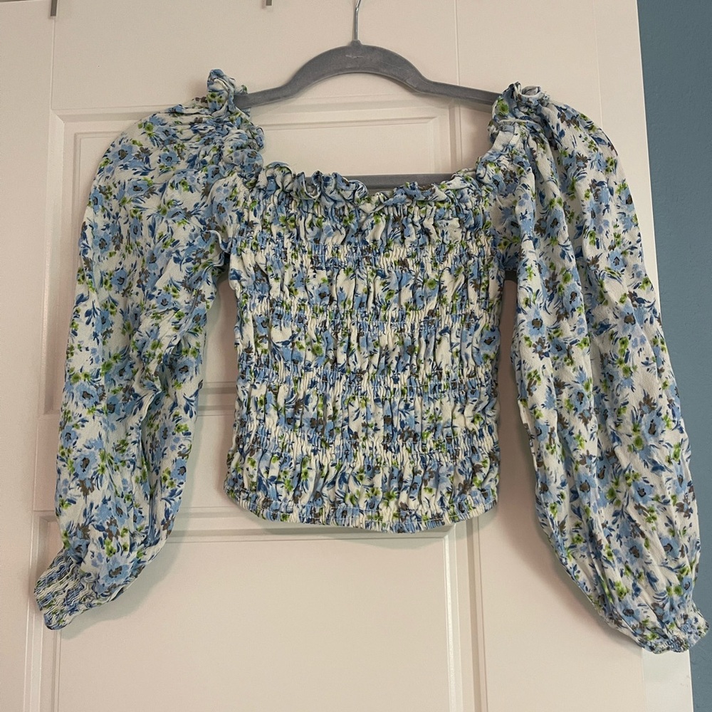 Forever 21 Blue Floral Smocked Blouse